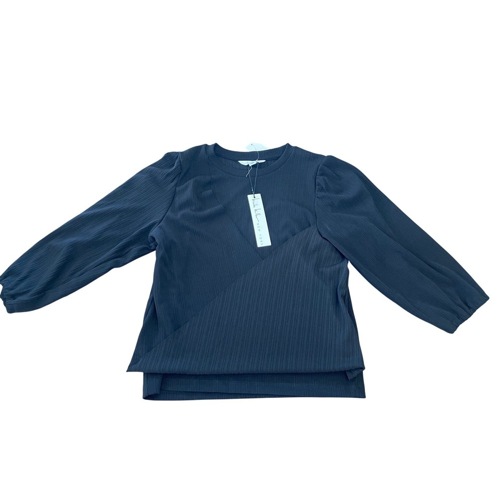 Nicole Miller New York Black Ribbed Wrap Front Puff Sleeve Top Womens MED NWT